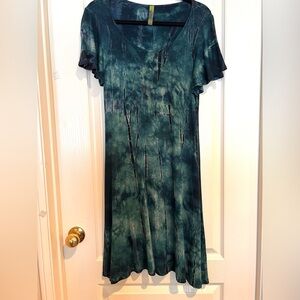 Women's Teal Tie-Dye Flutter Sleeve MIDI Dress Made in USA Artisan Boho Size S